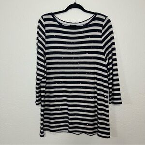 Talbots Women’s Size 1X 3/4 Sleeve Navy Blue & White Sequined Striped Sweater